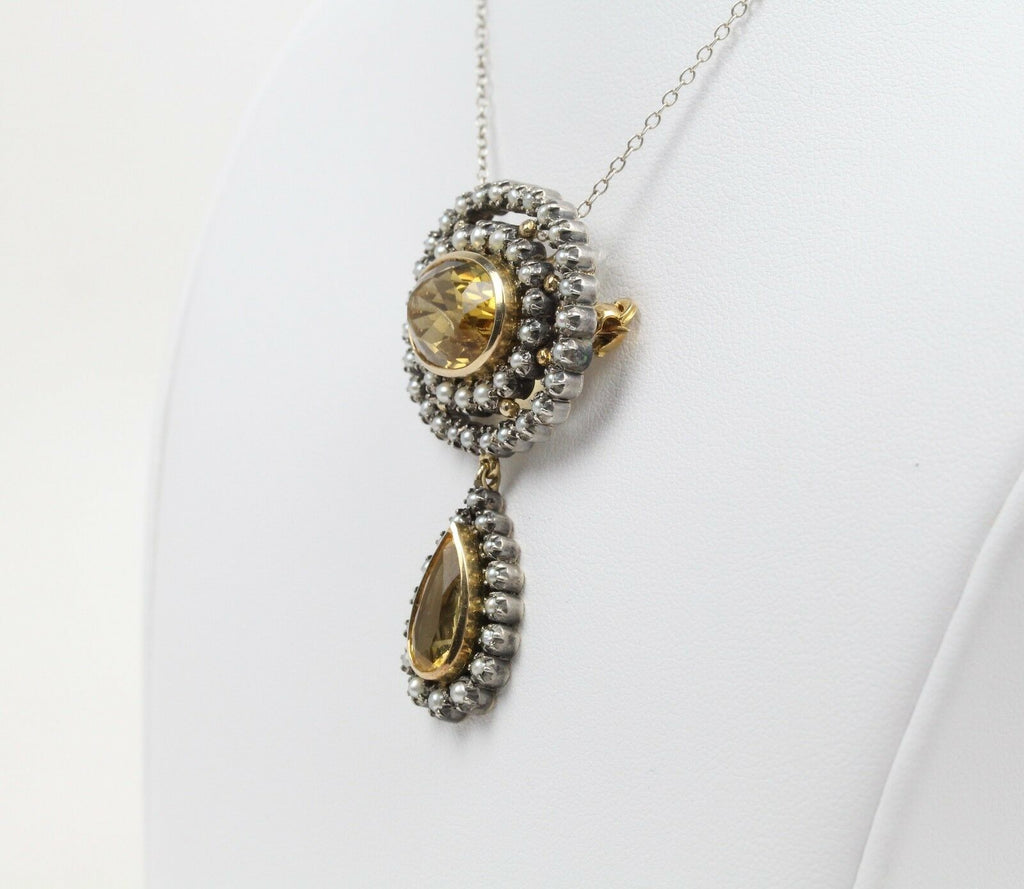 Vintage 14K & Silver Citrine Seed Pearl Brooch Pendant