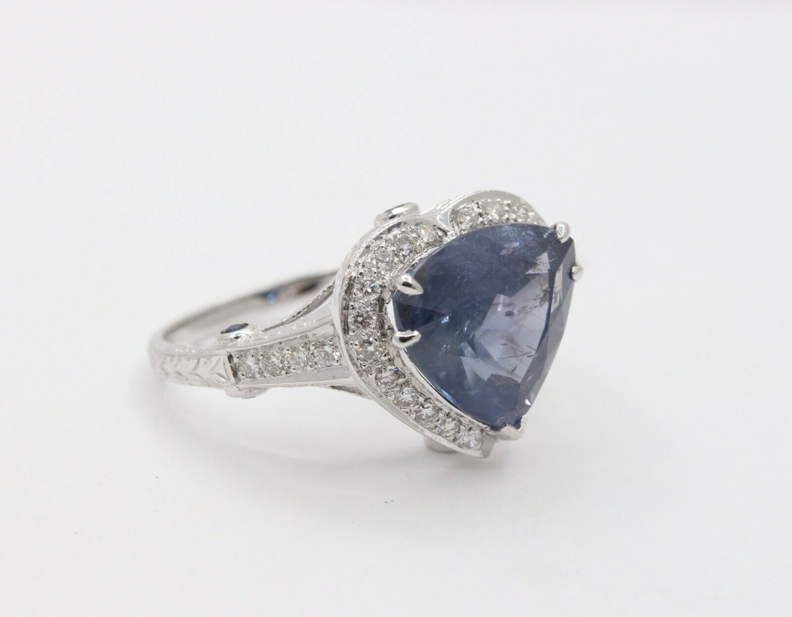 Vintage 18K White Gold Trillion- Cut Sapphire Diamond Halo Ring