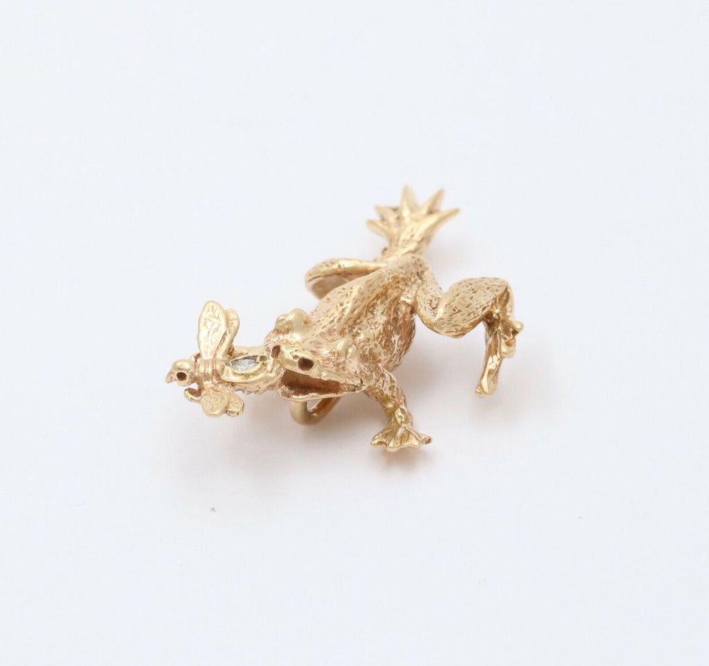 Vintage Frog Eating a Bee Diamond 14K Yellow Gold Pendant