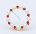 Vintage Rubies Cultured Pearls 14K Yellow Gold Brooch Pin