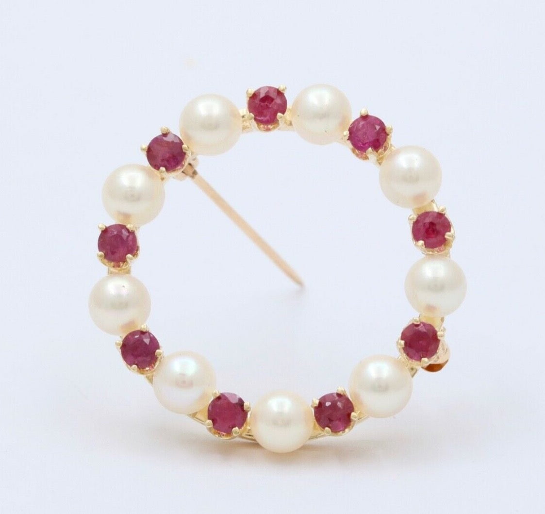Vintage Rubies Cultured Pearls 14K Yellow Gold Brooch Pin