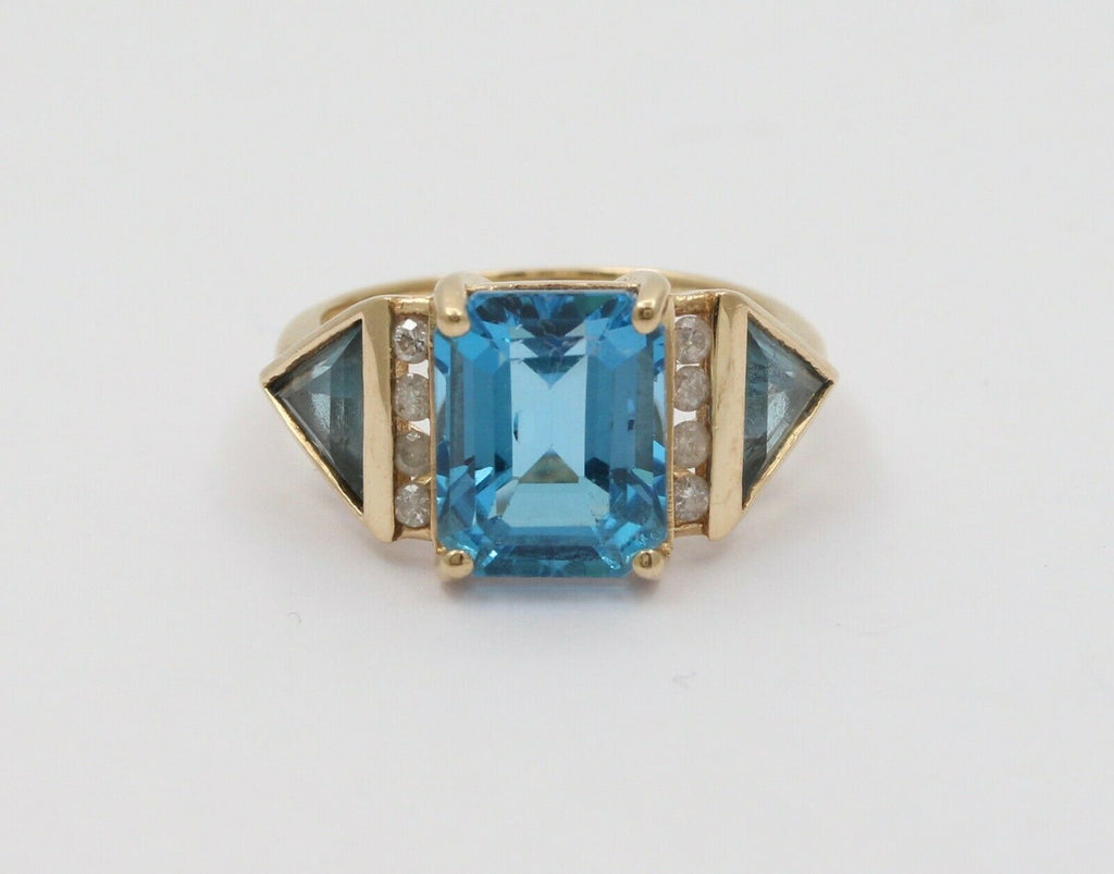 Vintage Emerald-cut London Blue Topaz 14K Yellow Gold Diamond Ring, Cocktail Rin