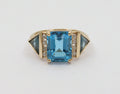 Vintage Emerald-cut London Blue Topaz 14K Yellow Gold Diamond Ring, Cocktail Rin