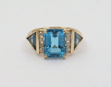 Load image into Gallery viewer, Vintage Emerald-cut London Blue Topaz 14K Yellow Gold Diamond Ring, Cocktail Rin
