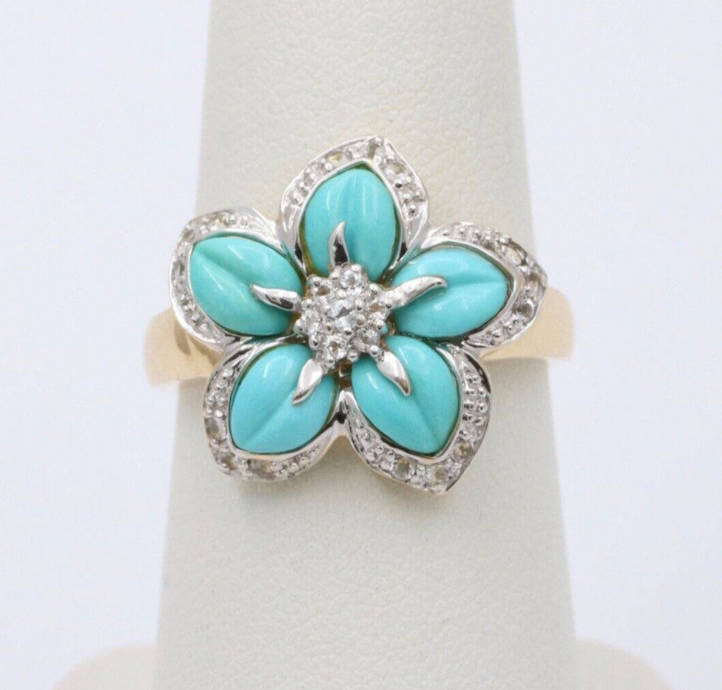 Vintage 18K Yellow Gold Turquoise & Diamond Flower RIng , Cocktail Ring