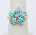 Vintage 18K Yellow Gold Turquoise & Diamond Flower RIng , Cocktail Ring