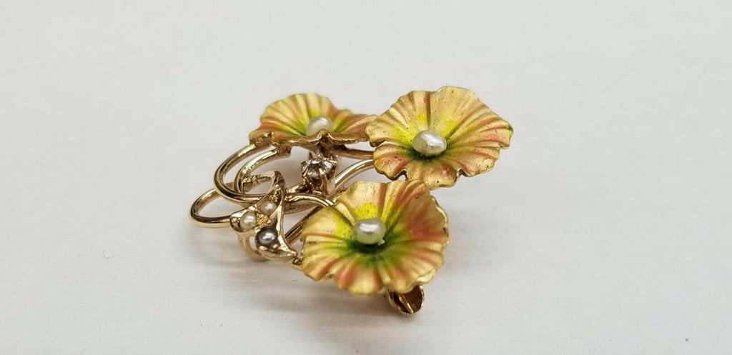 Beautiful Vintage Diamond Seed Pearls 14K Rose Gold Enamel Brooch Pin Pendant