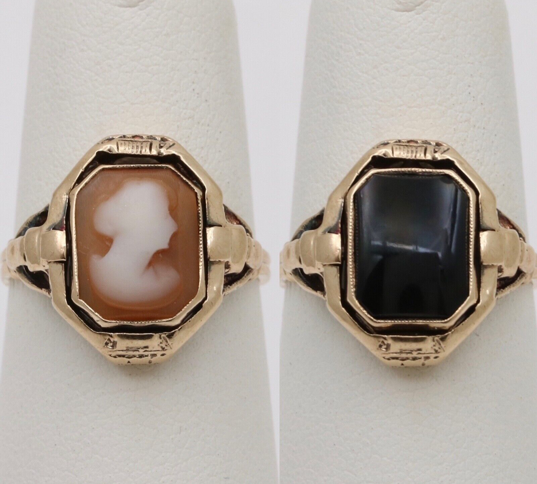 Antique Reversible Cameo and Onyx 10K Yellow Gold Ring