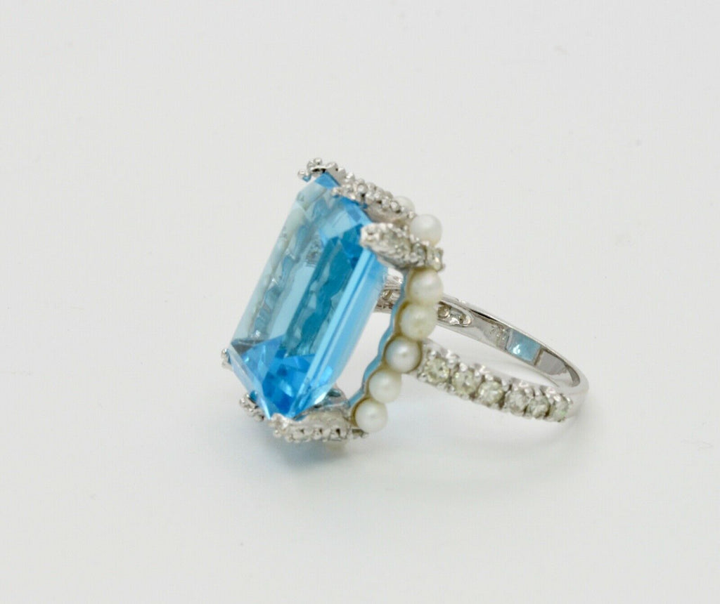 Elegant Retro Emerald Cut Blue Topaz Diamonds Pearls 18K White Gold Ring