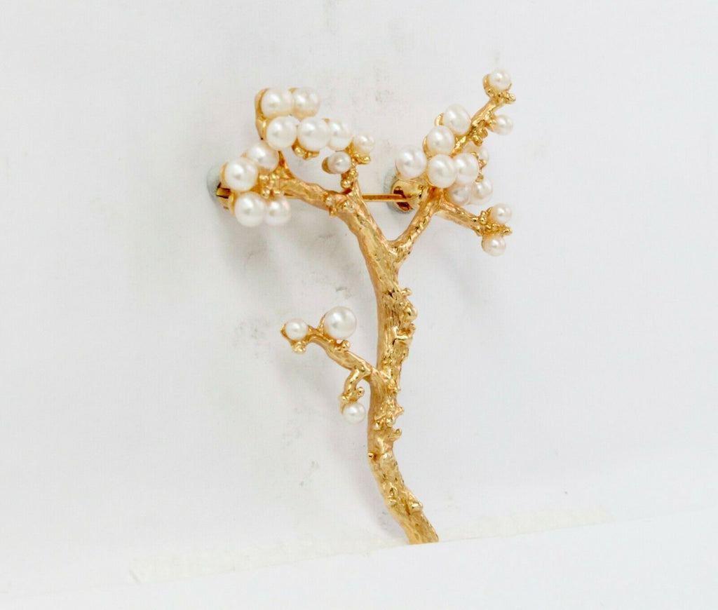 Vintage 14K Yellow Gold Pearl Branch Brooch