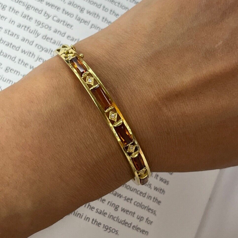 Vintage Citrine & Diamond 18K Yellow Gold Bangle Bracelet