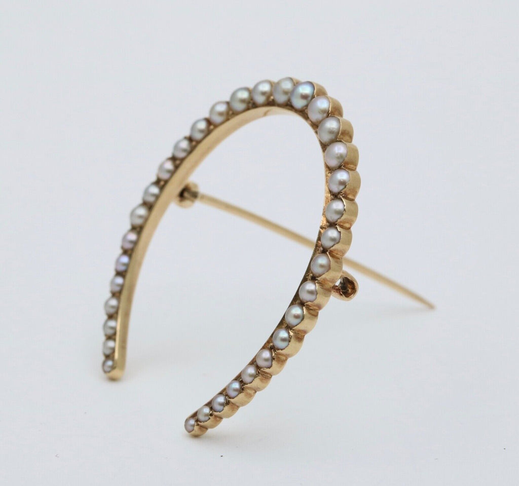 Antique Edwardian 14K Yellow Gold Pearl Horseshoe Brooch