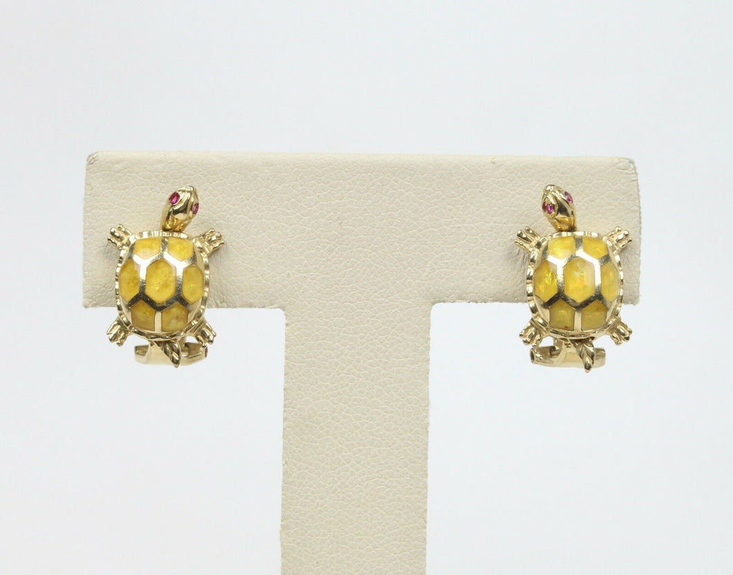 Vintage Turtle 14K Yellow Gold Rubies Enamel Ladies Earrings