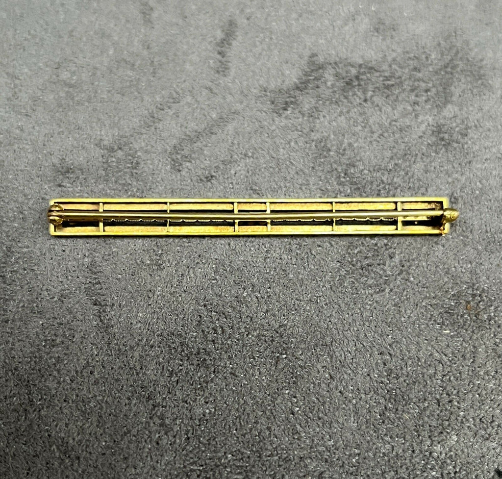 Antique Art Deco 14K Yellow Gold White & Black Enamel Seed Pearl Bar Pin Brooch