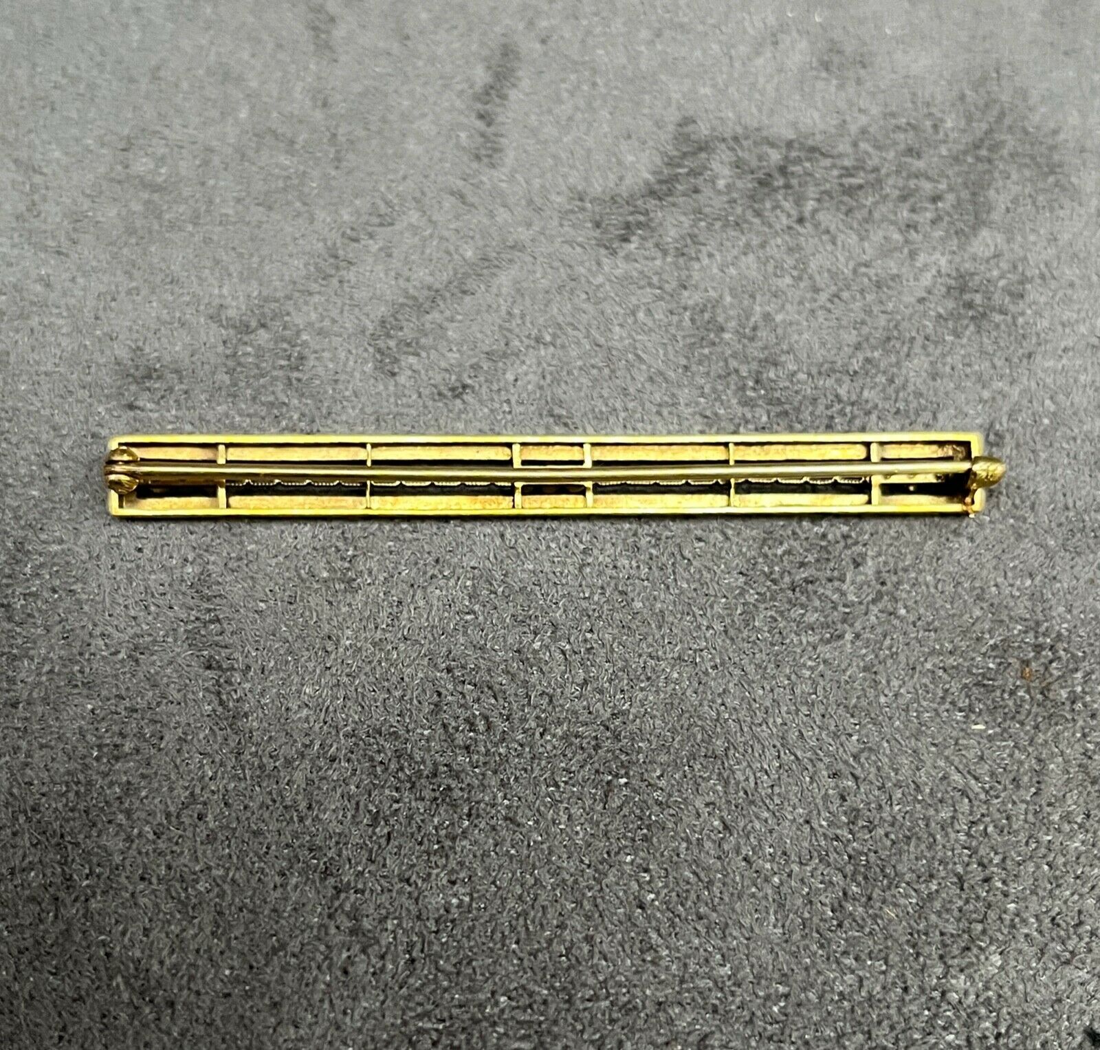Antique Art Deco 14K Yellow Gold White & Black Enamel Seed Pearl Bar Pin Brooch