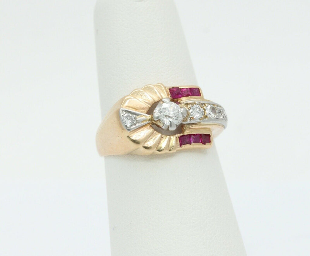 Vintage Indian Headdress Diamonds Rubies 14K Yellow Gold Platinum Ring