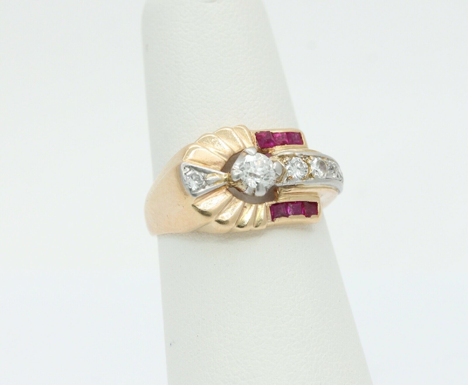 Vintage Indian Headdress Diamonds Rubies 14K Yellow Gold Platinum Ring