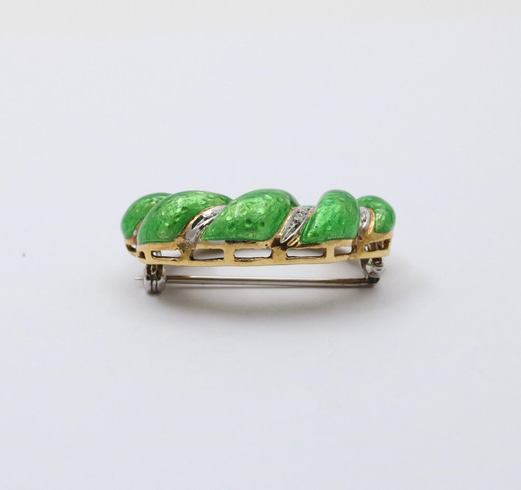 Vintage 18K Yellow Gold Diamond Green Enamel Wreath Brooch