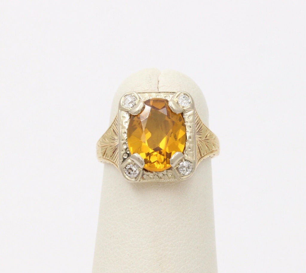 Art Deco Lemon Citrine Diamonds 14K Yellow White Gold Ring