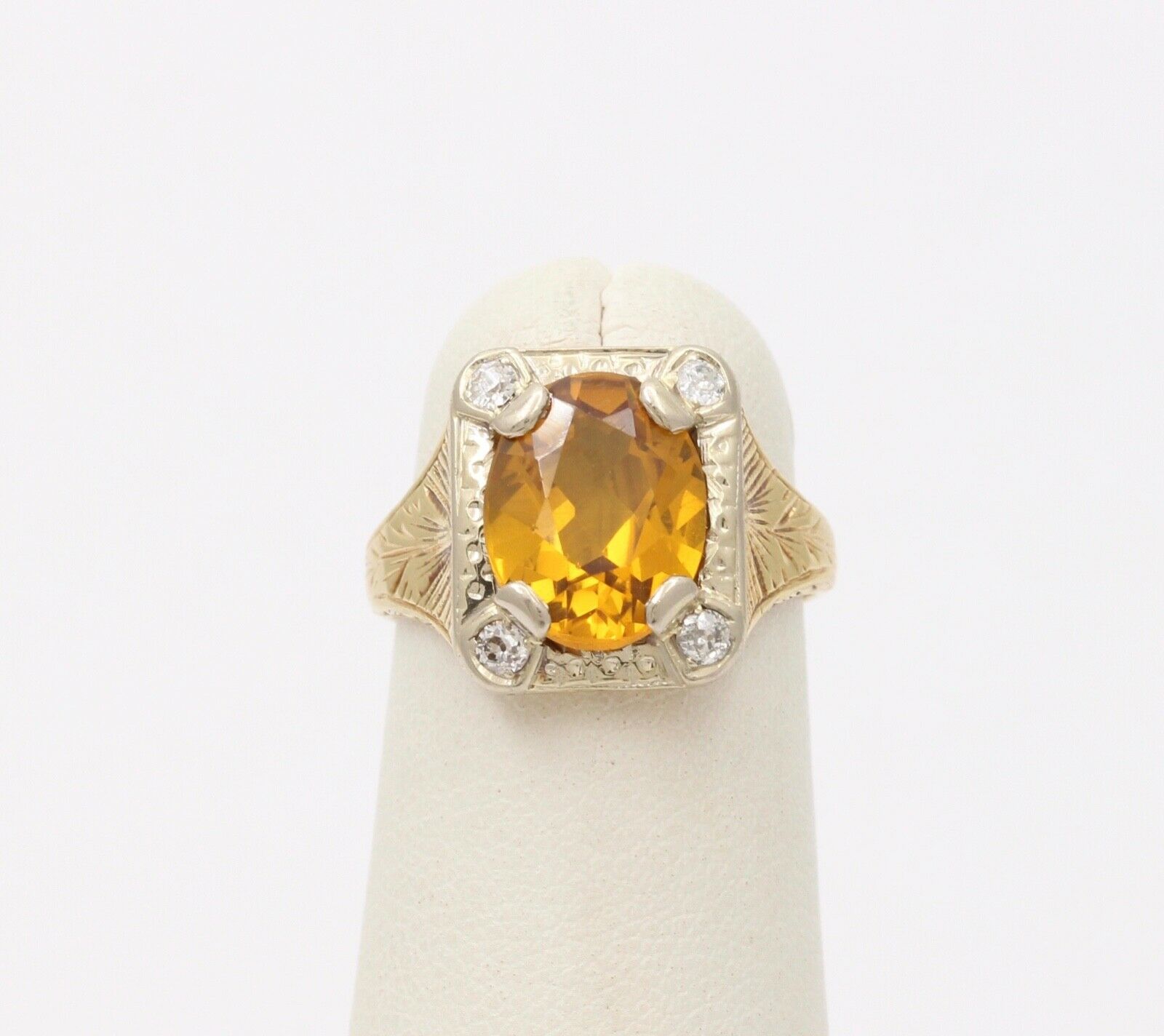 Art Deco Lemon Citrine Diamonds 14K Yellow White Gold Ring