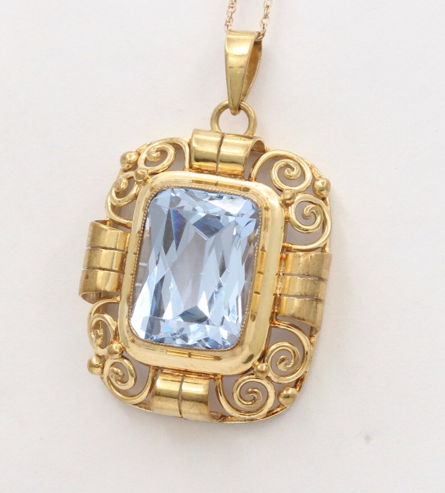 Mid Century Emerald Cut Topaz 9K Yellow Gold Pendant