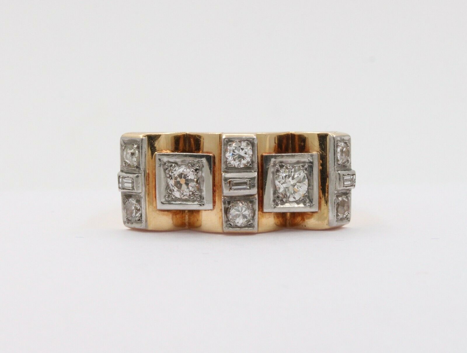 Retro 18K Yellow Gold Boxy Diamond Statement Ring