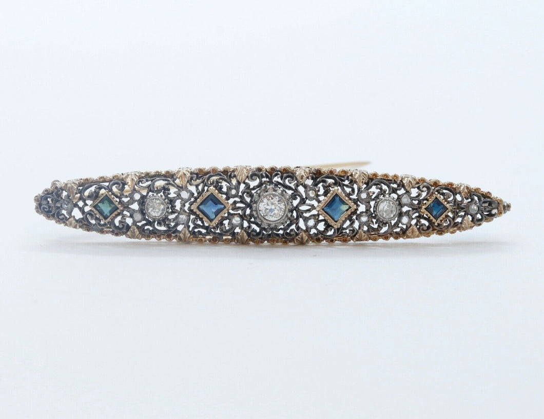 Edwardian 18K Yellow Gold Sterling Silver Diamonds Sapphires Brooch Pin