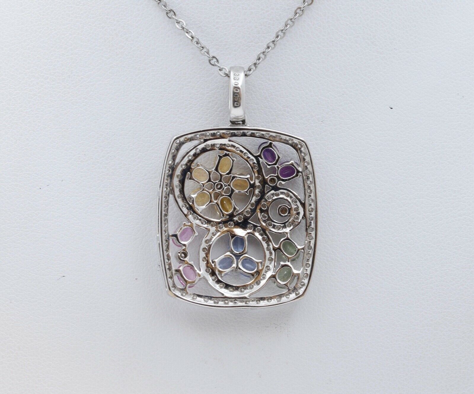 Vintage Multi Color Natural Sapphire 18K White Gold Pendant