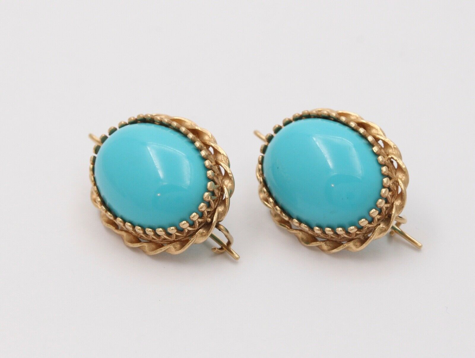 Vintage Turquoise 14K Yellow Gold Frame Dangling Earrings, Estate.