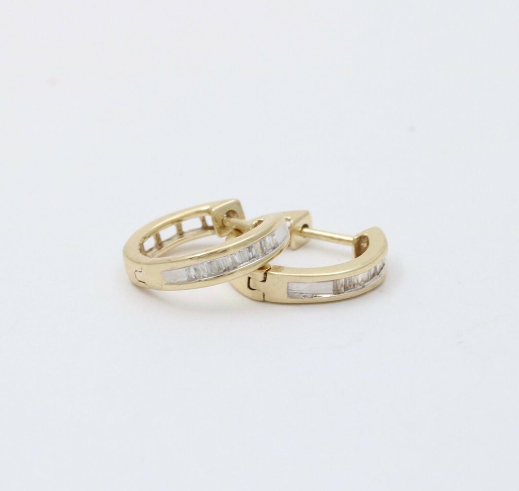 Cute Vintage Huggie Baguette Diamonds 10K Yellow White Gold Earrings
