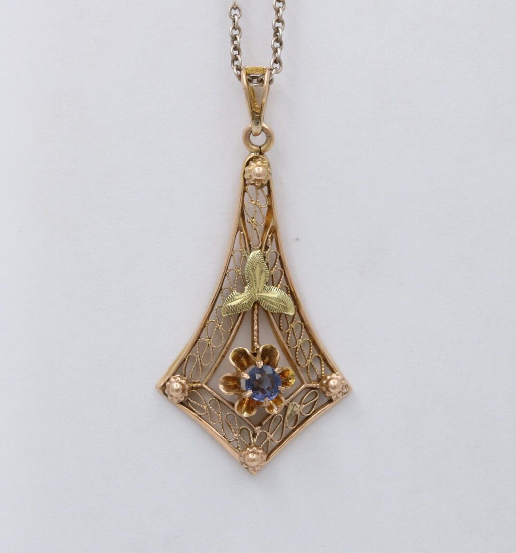 Art Nouveau Blue Sapphire 10K Yellow Gold Pendant