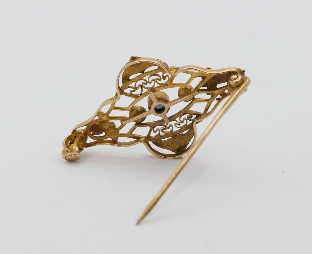 Art Nouveau 10K Yellow Gold Sapphire Pearl Brooch