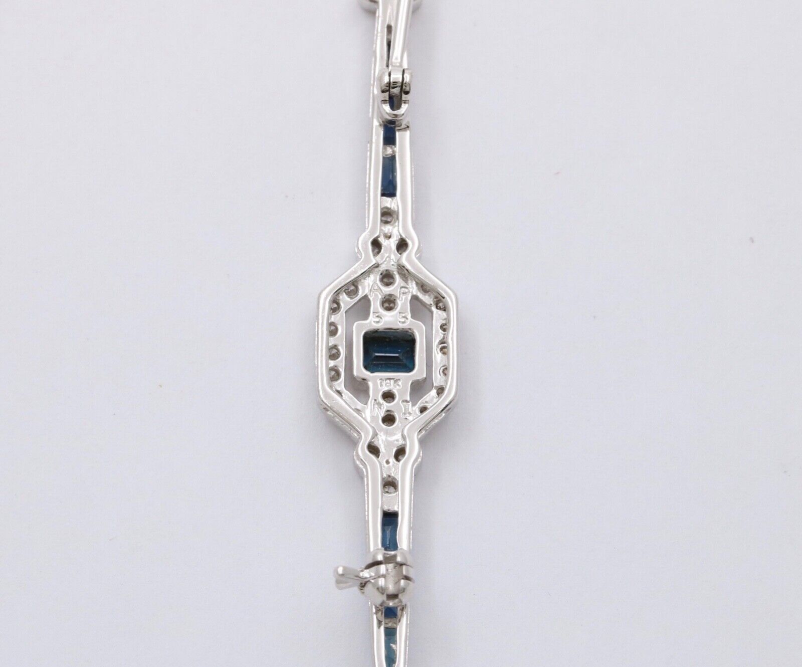 Vintage Art Deco Style 18K White Gold Diamond and Sapphire Bar pin, Brooch