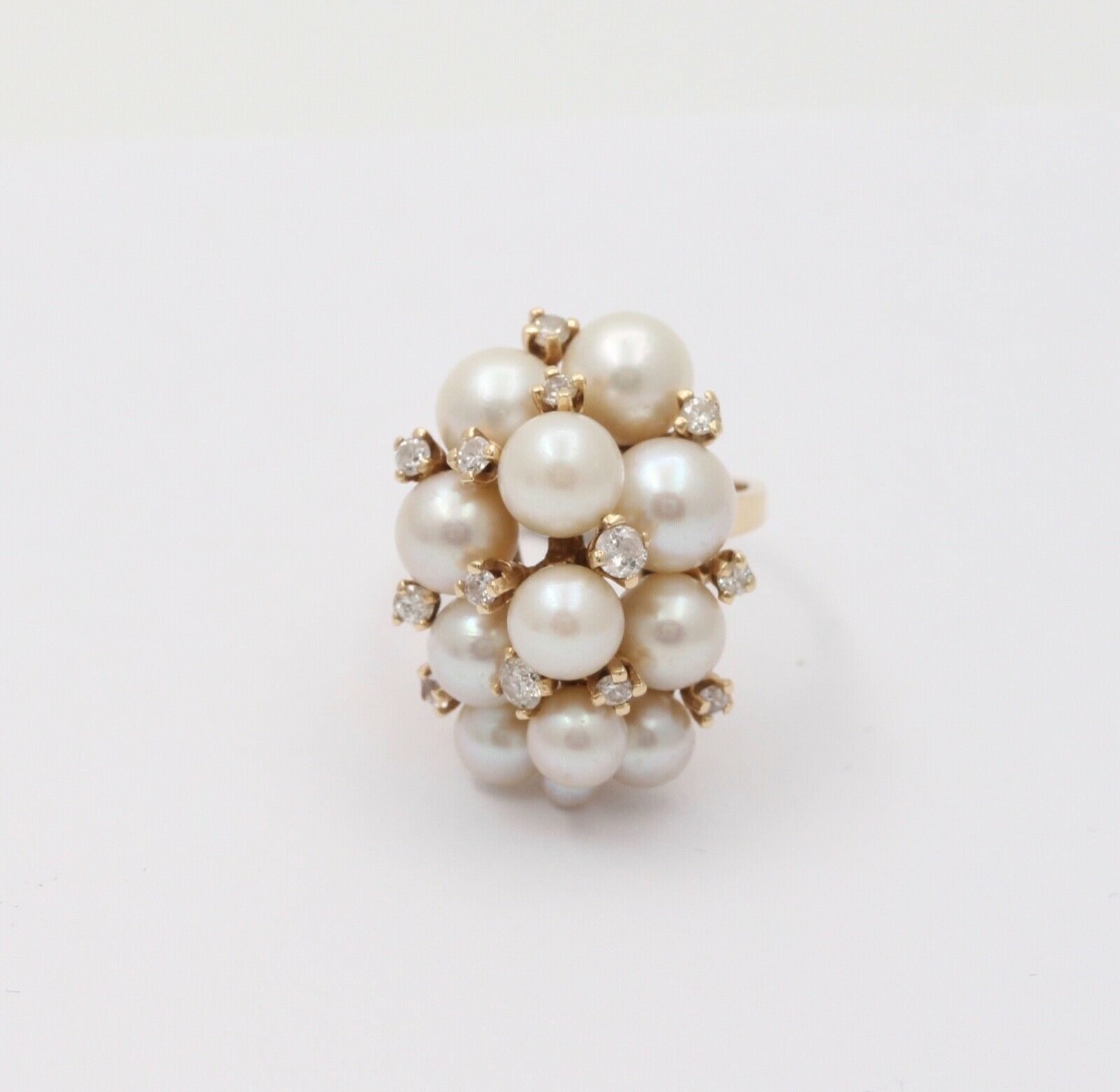 Vintage Pearls Diamonds 14K Yellow Gold Cluster Ring