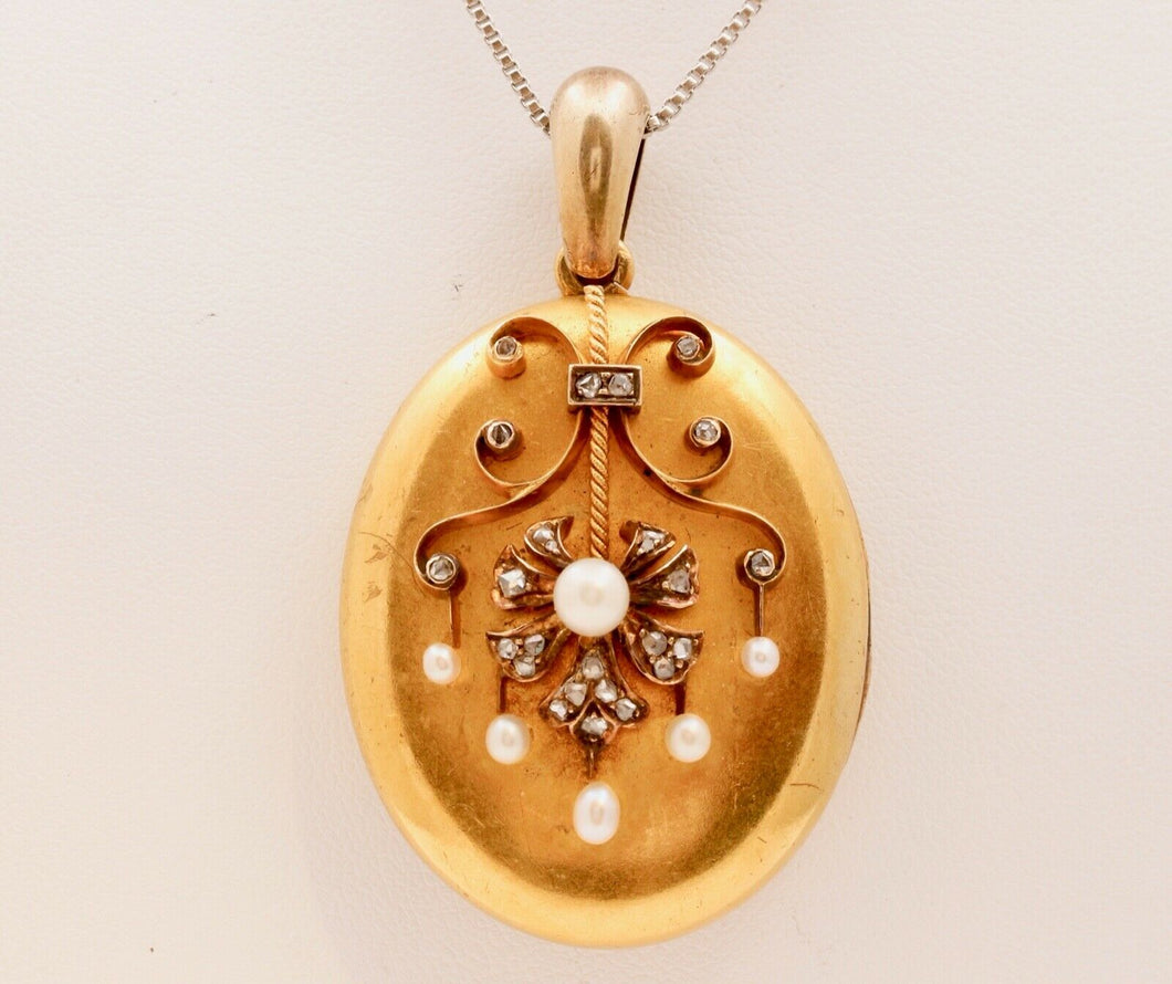 Victorian 18K Yellow Gold Diamonds Pearls Pendant Locket