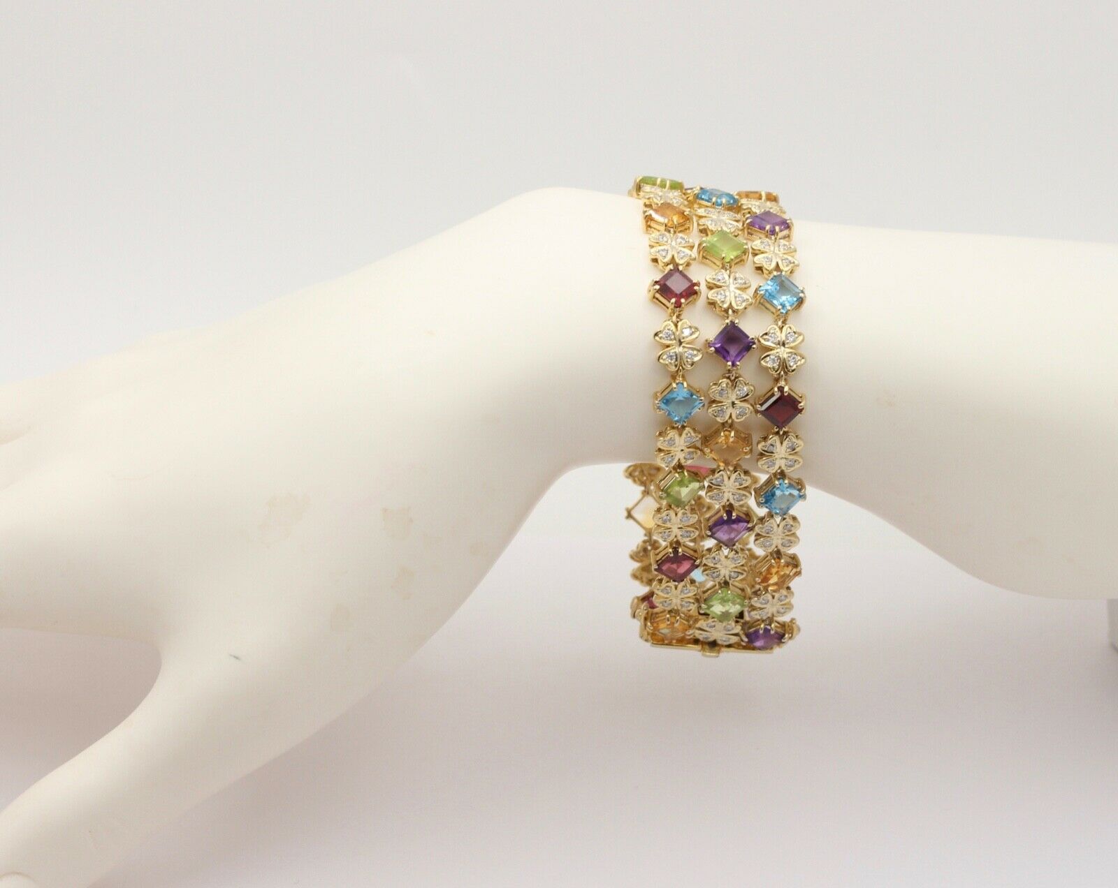Estate Colorful 14K Yellow Gold Multi Color GemStones Three Layer Bracelet