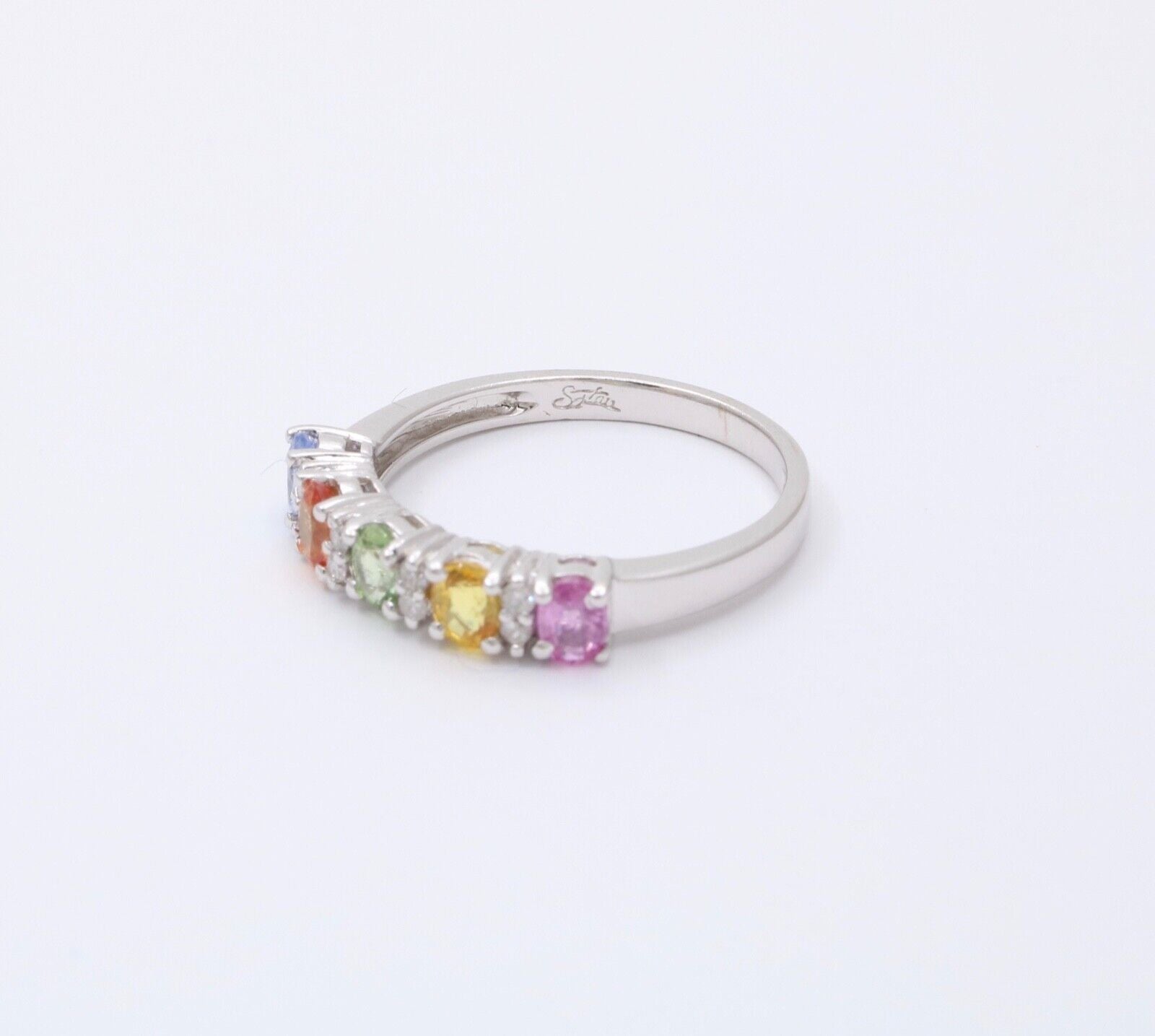 Fun 14K White Gold Multi Color Sapphire And Diamond Ring Band