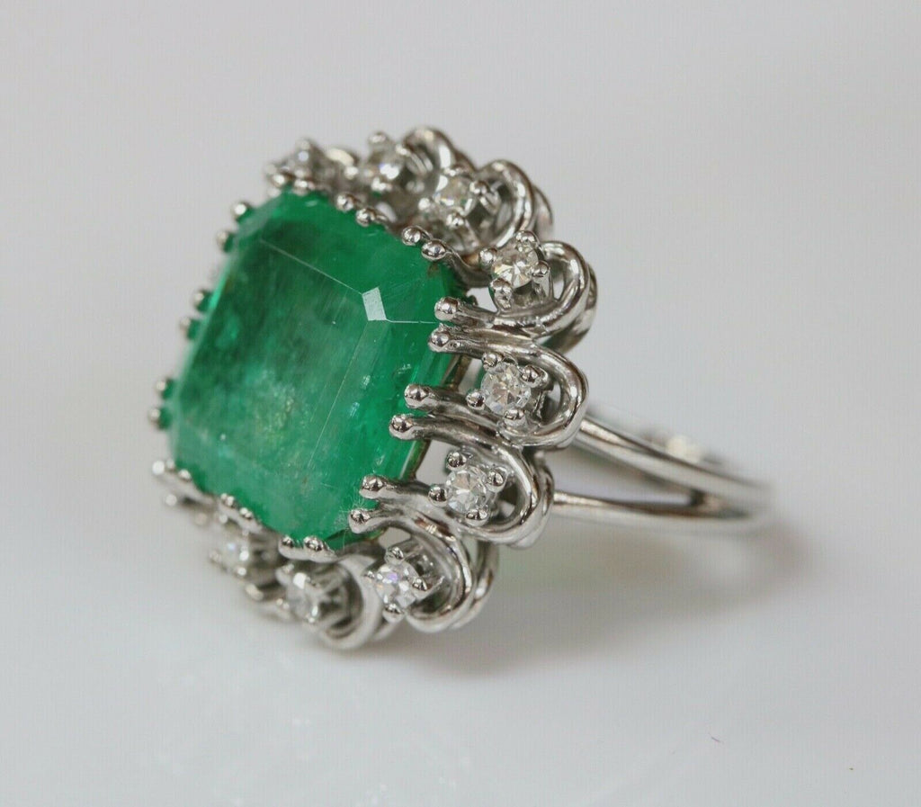 Vintage Emerald Cut Columbian Emerald Diamonds Platinum Ring