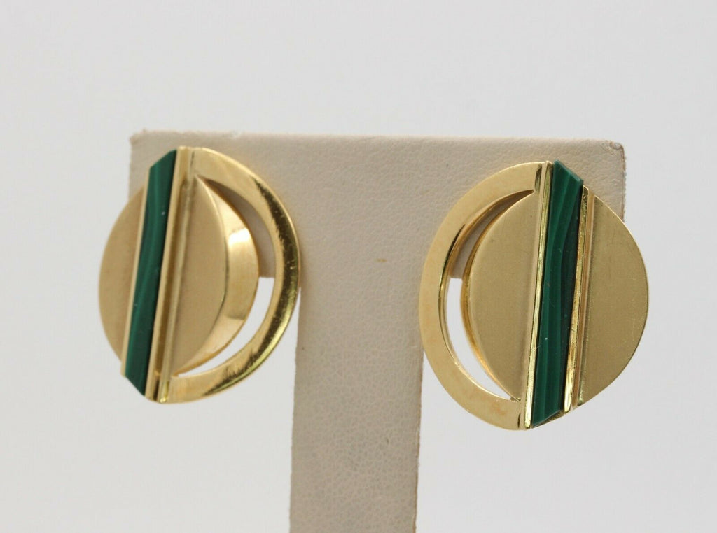 1970's 18K Yellow Gold Malachite Clip Earrings