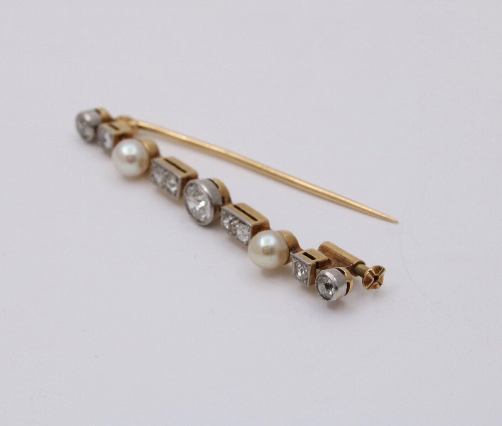 Antique Art Deco 18K Gold Diamond & Pearl Bar Pin.
