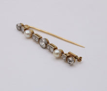 Load image into Gallery viewer, Antique Art Deco 18K Gold Diamond &amp; Pearl Bar Pin.
