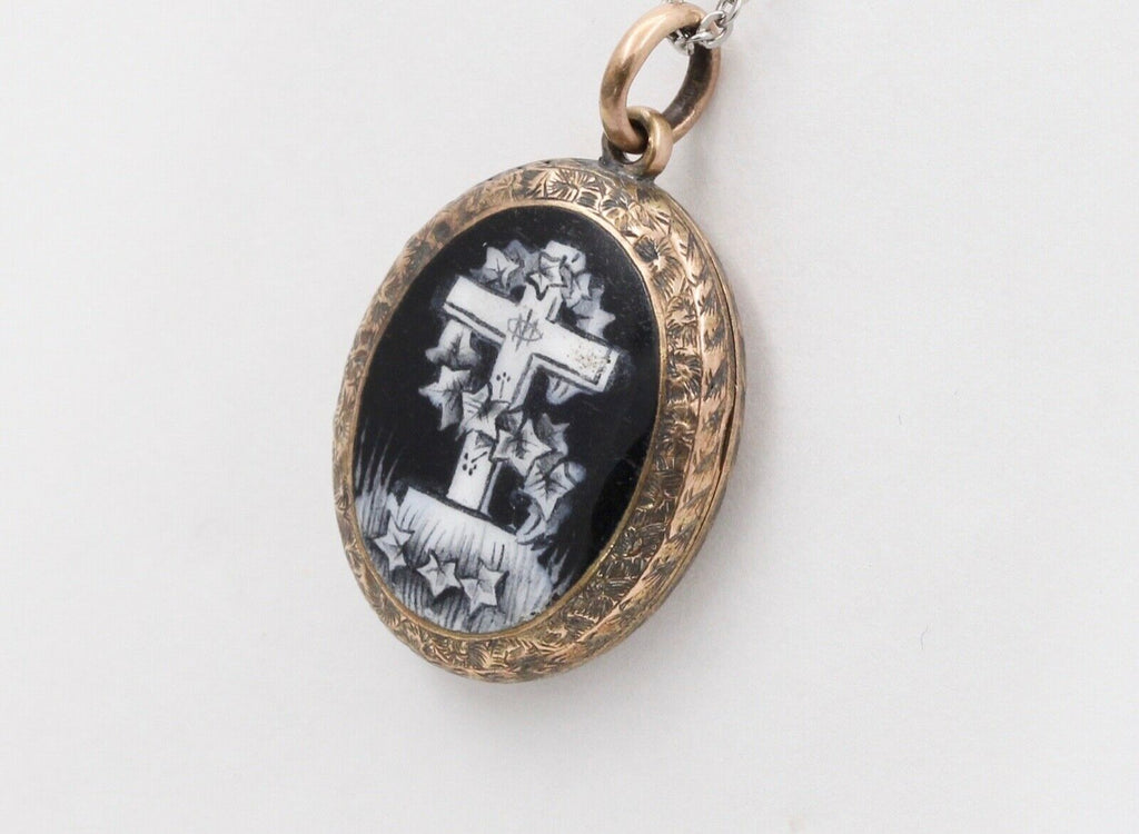 Victorian Mourning 10K Yellow Gold Enamel Cross Locket Pendant