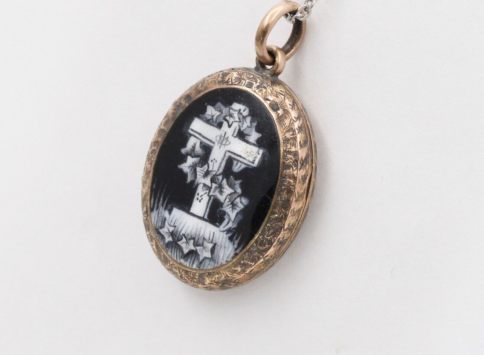 Victorian Mourning 10K Yellow Gold Enamel Cross Locket Pendant