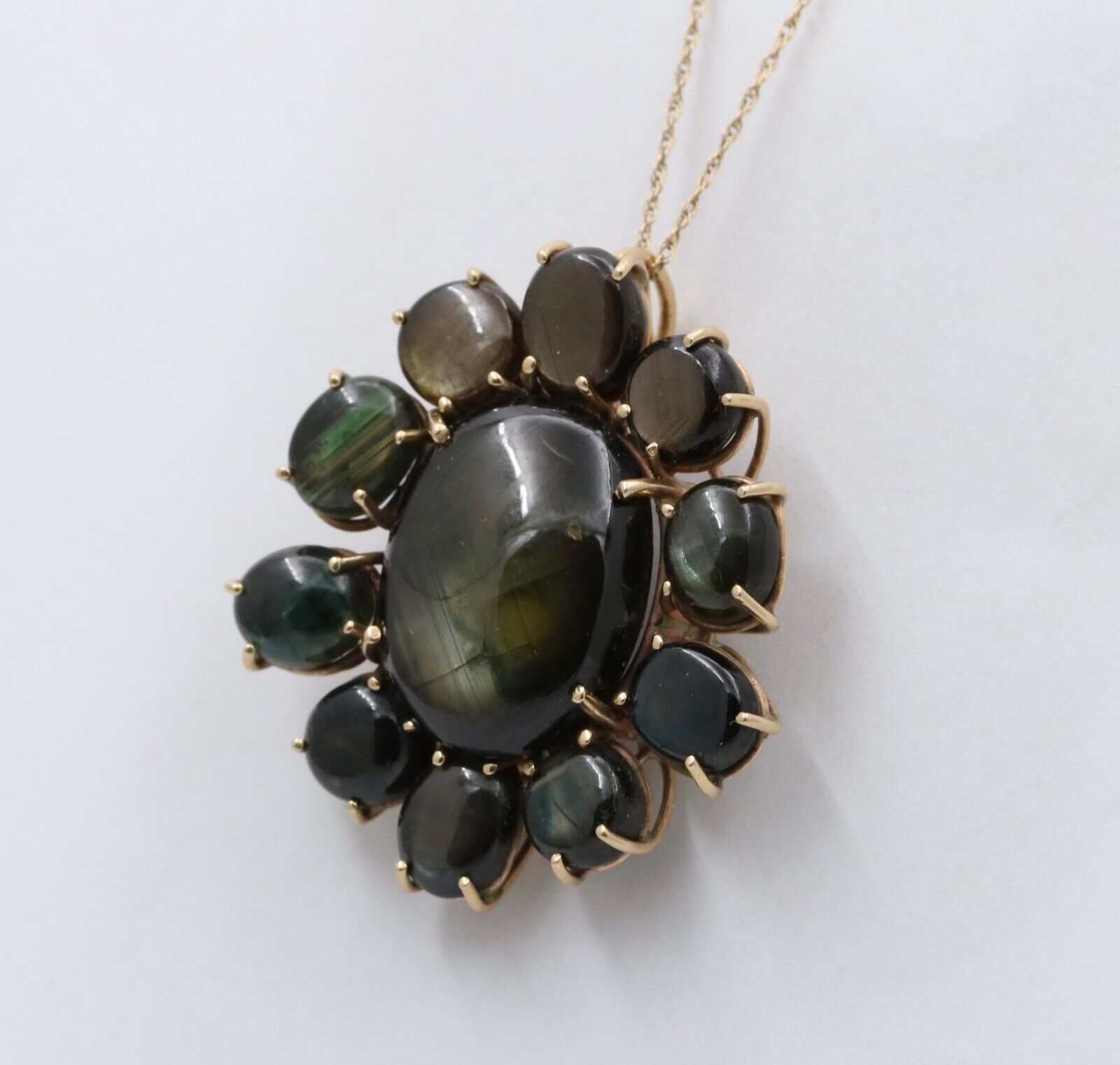 Vintage 14K Gold Black Star Sapphire Flower Pendant , Necklace