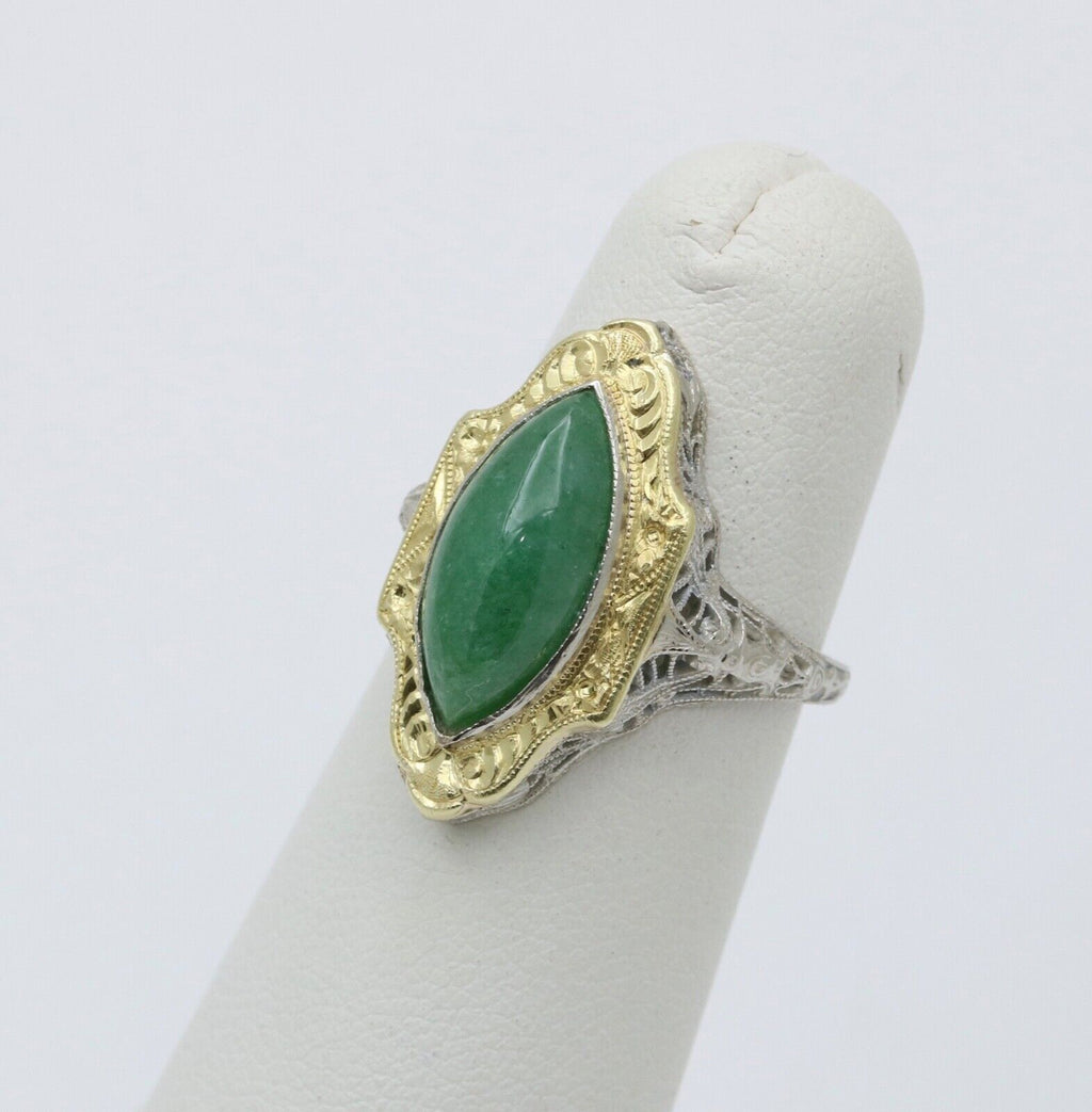 Art Deco 14K Gold Jade Navette Filigree Ring