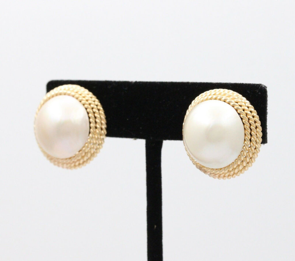 Vintage 14K Yellow Gold Large 16 mm Mabe Pearl Earrings.