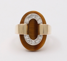 Load image into Gallery viewer, Vintage Tiger Eye 14K Yellow Gold Diamond Ring, Statement Ring
