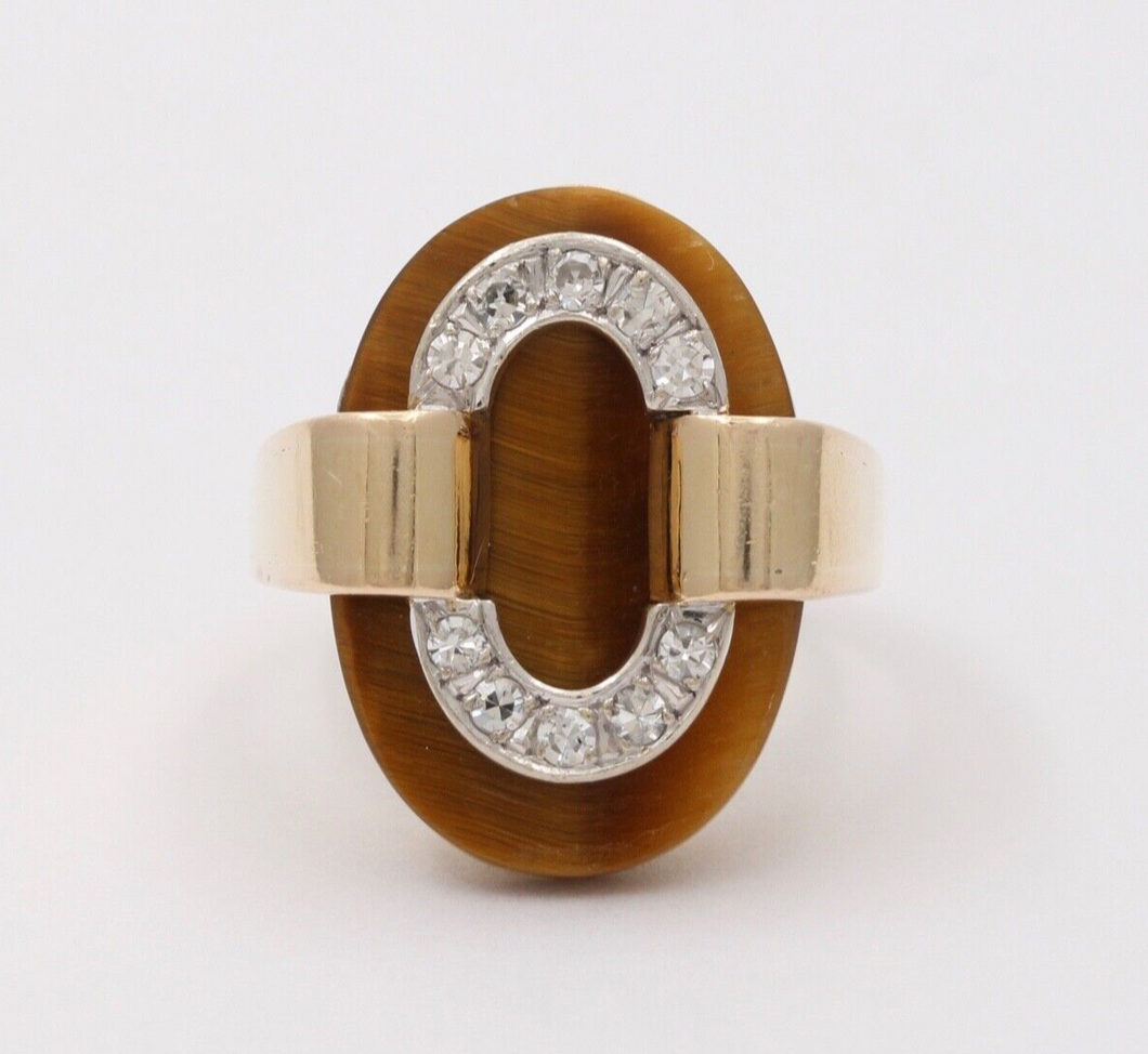 Vintage Tiger Eye 14K Yellow Gold Diamond Ring, Statement Ring