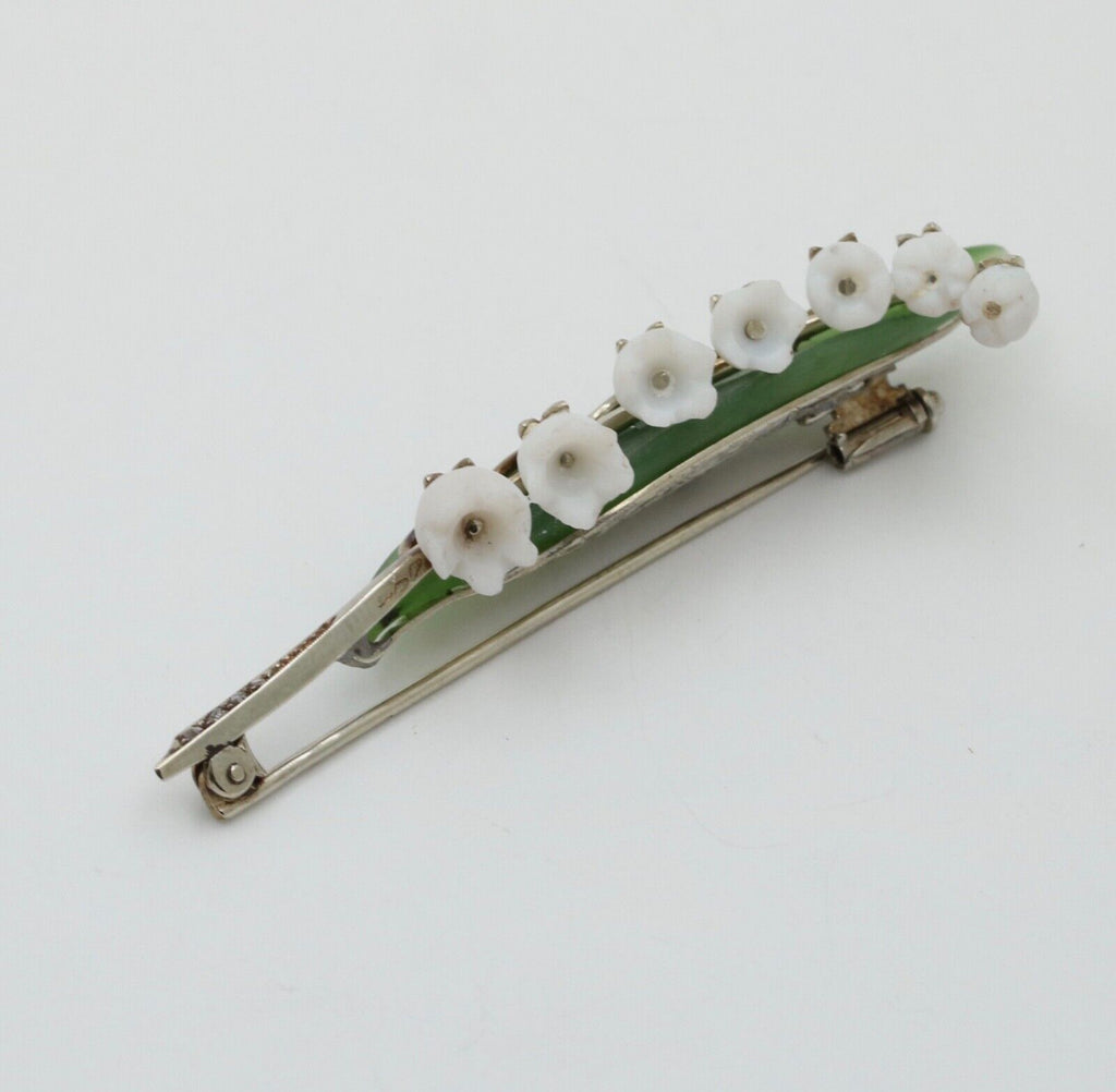 Art Deco Lily of the Valley Jade Rose Cut Diamonds 14K White Gold Brooch Pin