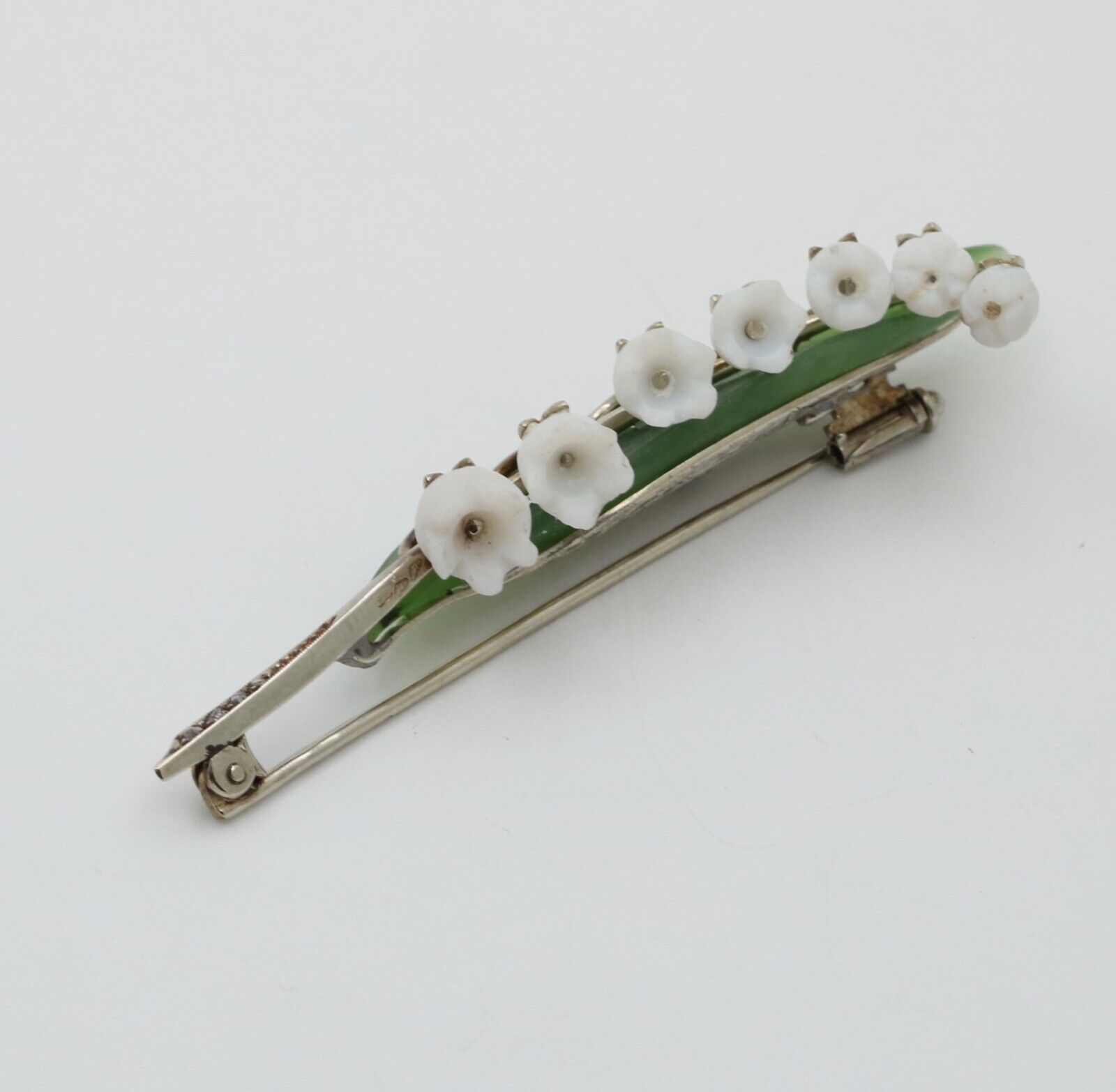 Art Deco Lily of the Valley Jade Rose Cut Diamonds 14K White Gold Brooch Pin